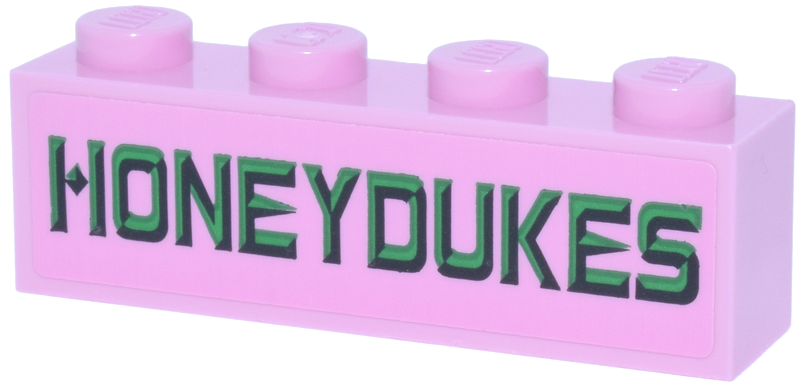 Brick 1 x 4 with Green, Bright Green and Black 'HONEYDUKES' Pattern (Sticker) - Set 76457