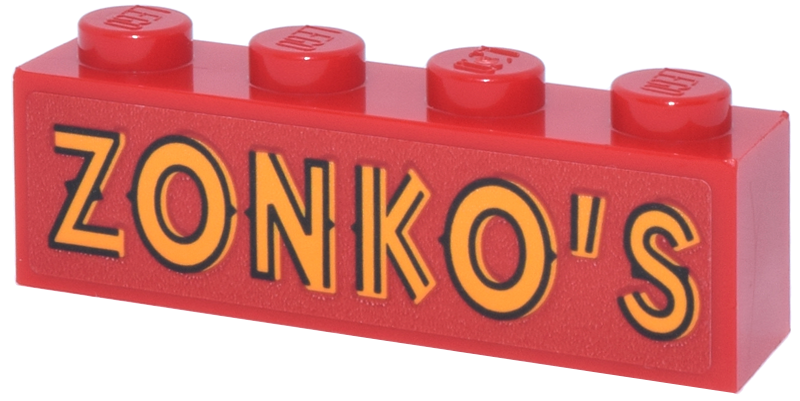 Brick 1 x 4 with Black and Bright Light Orange 'ZONKO'S' Pattern (Sticker) - Set 76457