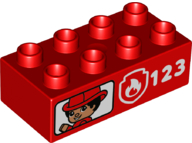 Duplo, Brick 2 x 4 with Firefighter, Fire Badge Logo, and '123' Pattern on Both Sides