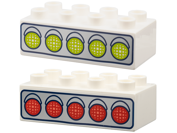 Duplo, Brick 2 x 4 with 5 Race Start Lights on Silver Background, Lime Lights / Red Lights Pattern