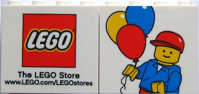 Brick 2 x 4 x 3 with Minifigure and Balloons Pattern and LEGO Logo and URL on back