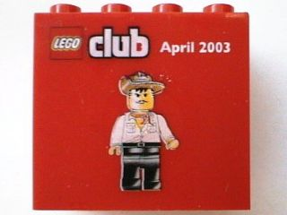 Brick 2 x 4 x 3 with Lego Club, April 2003 and Johnny Thunder Pattern