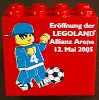 Brick 2 x 4 x 3 with Eröffnung der Legoland Allianz Arena 12. Mai 2005 and Minifigure with Ball Pattern