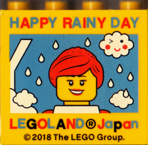 Brick 2 x 4 x 3 with LEGOLAND Japan, 'HAPPY RAINY DAY', Female Minifigure, and Winking Cloud Pattern