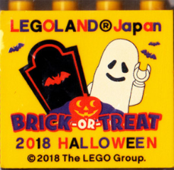 Brick 2 x 4 x 3 with LEGOLAND Japan, 'BRICK-OR-TREAT 2018 HALLOWEEN', Tombstone, Jack O Lantern, Ghost Minifigure, and Bats Pattern