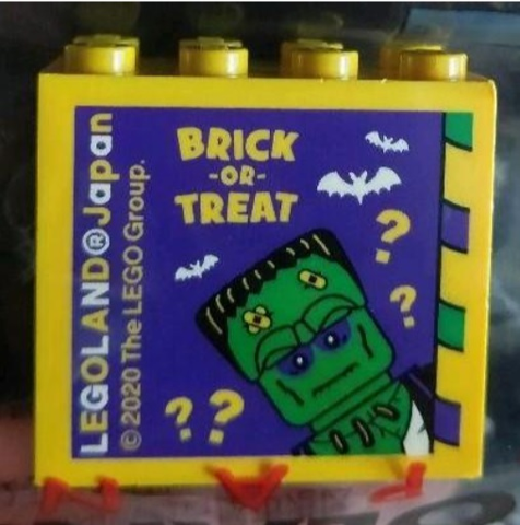 Brick 2 x 4 x 3 with LEGOLAND Japan, 'BRICK-OR-TREAT', Monster Minifigure, Bats, and Question Marks Pattern