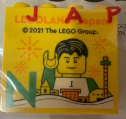 Brick 2 x 4 x 3 with LEGOLAND Japan, Male Minifigure (Buddy), Skyline, and Green Capital Letter N Pattern