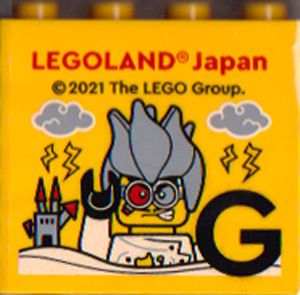 Brick 2 x 4 x 3 with LEGOLAND Japan, Mad Scientist Minifigure, Lightning, Castle, and Black Capital Letter G Pattern