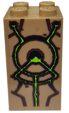 Brick 2 x 2 x 3 with Brown and Bright Green Lines and Circular Pattern (Sticker) - Set 9450