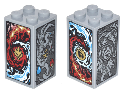 Brick 2 x 2 x 3 with Red and Dark Azure Flames, Red and Dark Azure Waves, Gray Dragon, Lion and Phoenix Pattern on All Sides (Stickers) - Set 70627