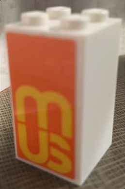 Brick 2 x 2 x 3 with Yellow 'MUS' on Orange Background Pattern (Sticker) - Set 60200