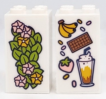 Brick 2 x 2 x 3 with Bright Pink and Yellow Flowers and Lime Leaves / Bananas, Chocolate Bar, Strawberry and Milkshake Pattern on Both Sides (Stickers) - Set 41426