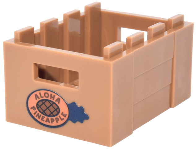 Container, Crate 3 x 4 x 1 2/3 with Handholds with Dark Blue and Nougat Pineapple and Reddish Brown 'ALOHA PINEAPPLE' Pattern (Sticker) - Set 43268