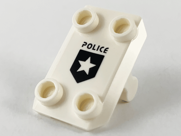 Plate, Modified 2 x 3 Inverted with 4 Studs and Bar Handle on Bottom (Rocker Plate) with Black 'POLICE' and Shield with Star Pattern