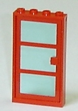 Door, Frame 1 x 4 x 6 with 4 Holes on Top and Bottom with Red Door with 3 Panes and Square Handle with Fixed Trans-Light Blue Glass (30179 / x39c01)
