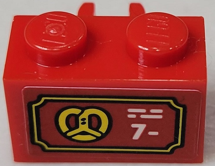 Brick, Modified 1 x 2 with Open O Clip Vertical with Yellow Pretzel and White '7-' Pattern (Sticker) - Set 10303