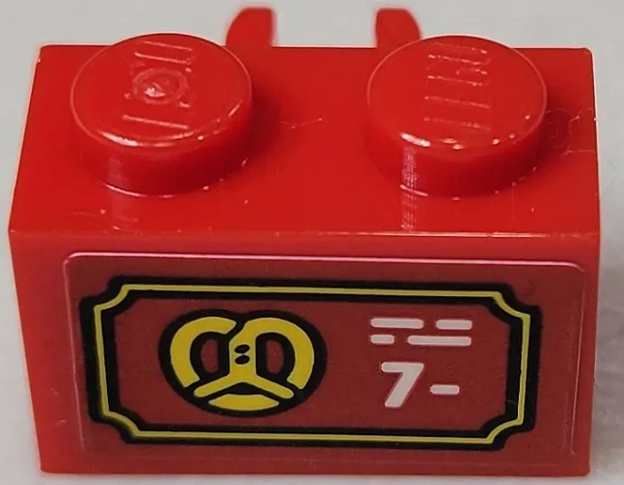 Brick, Modified 1 x 2 with Open O Clip Vertical with Yellow Pretzel and White '7-' Pattern (Sticker) - Set 10303