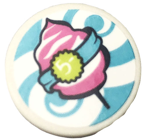 Road Sign 2 x 2 Round with Clip with '5-' on Lime Price Tag, Metallic Light Blue Spirals, and Dark Pink Cotton Candy Pattern (Sticker) - Set 41337