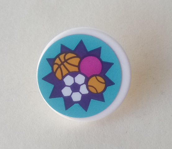 Road Sign 2 x 2 Round with Clip with Basketball, Soccer Ball / Football, Tennis Ball, and Dark Pink Ball in Dark Purple Starburst on Medium Azure Background Pattern (Sticker) - Set 41312