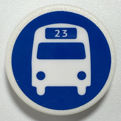 Road Sign 2 x 2 Round with Clip with White Bus Silhouette with '23' on Blue Background Pattern (Sticker) - Set 70425