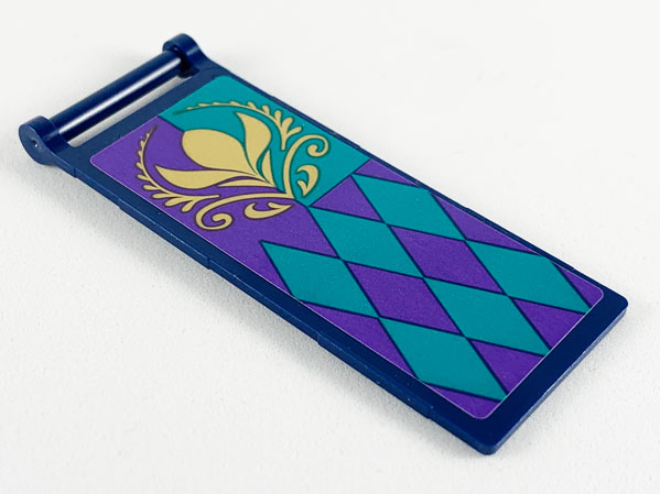 Flag 7 x 3 with Bar Handle with Dark Purple and Dark Turquoise Panels and Diamonds, Gold Arendelle Crest Flower Pattern (Sticker) - Set 41164
