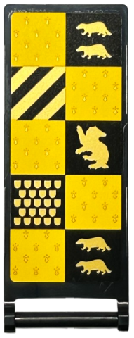 Flag 7 x 3 with Bar Handle with HP Hufflepuff House Banner, Black and Yellow Squares, Gold Shields, Stripes and Badgers Pattern on Both Sides (Stickers) - Set 76416