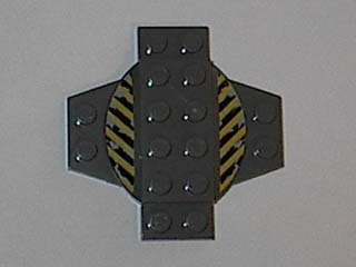 Plate, Modified 6 x 6 x 2/3 Cross with Dome and Black and Yellow Danger Stripes Pattern