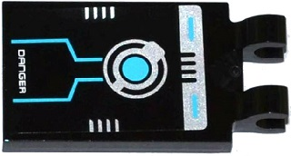 Tile, Modified 2 x 3 with 2 Clips with 'DANGER' and Silver and Medium Azure Circuitry Pattern (Sticker) - Set 70173