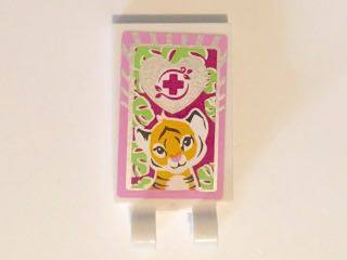 Tile, Modified 2 x 3 with 2 Clips with Bright Light Orange Tiger, Magenta Cross, Bright Pink Border Pattern (Sticker) - Set 41058