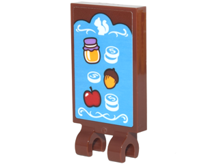 Tile, Modified 2 x 3 with 2 Clips with Store Sign with Jar, Acorn, Apple, '5' Coins, White Scrollwork and Squirrel Pattern (Sticker) - Set 41182