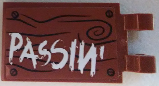 Tile, Modified 2 x 3 with 2 Clips with White 'PASSIN'' on Wood Grain Background with 4 Screws Pattern (Sticker) - Set 70813