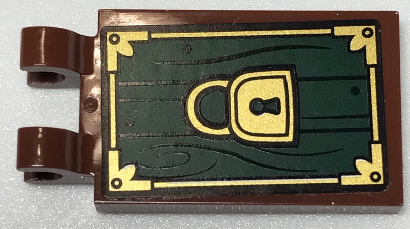 Tile, Modified 2 x 3 with 2 Clips with Gold Lock on Dark Green Wood Grain Pattern (Sticker) - Set 79013