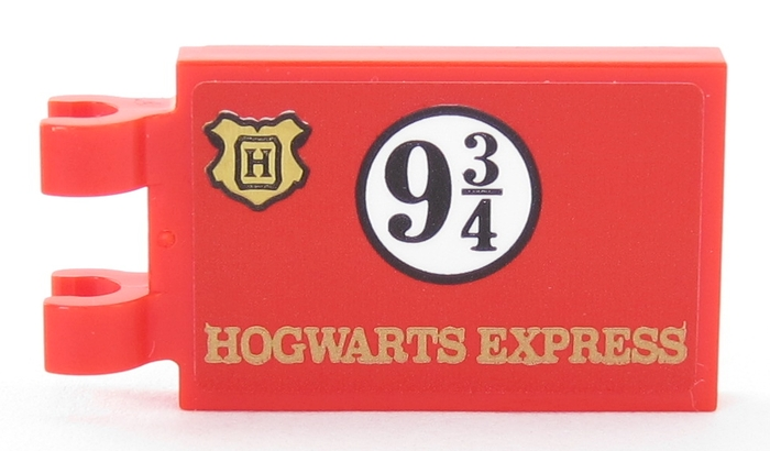 Tile, Modified 2 x 3 with 2 Clips with Gold Hogwarts Logo and 'HOGWARTS EXPRESS', Black '9 3/4' in White Circle Pattern (Sticker) - Set 75955
