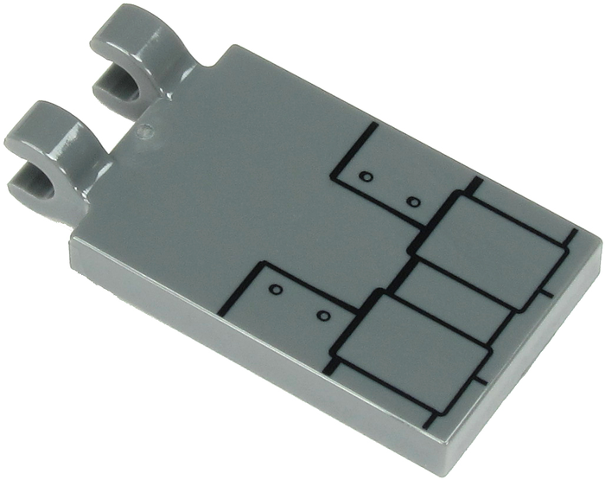 Tile, Modified 2 x 3 with 2 Clips with Metal Plates with Black Border and 4 Rivets Pattern