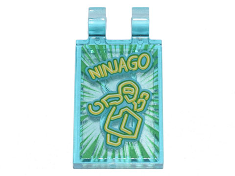 Tile, Modified 2 x 3 with 2 Clips with Yellow Stylized Neon 'NINJAGO' and Ninja on Green Starburst Background Pattern (Sticker) - Set 71741