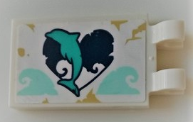 Tile, Modified 2 x 3 with 2 Clips with Dark Turquoise Dolphin on Heart Pattern (Sticker) - Set 41378