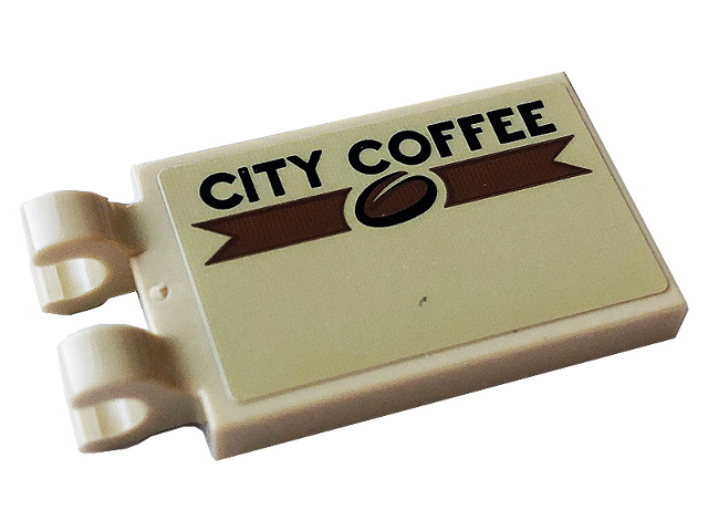 Tile, Modified 2 x 3 with 2 Open O Clips with Black 'CITY COFFEE' and Bean Pattern Model Left Side (Sticker) - Set 60233