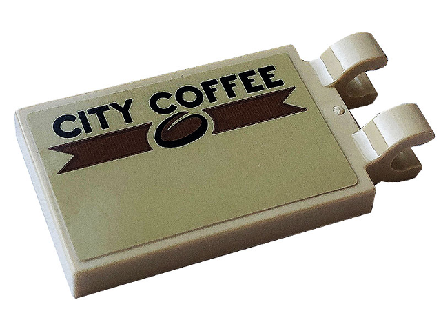 Tile, Modified 2 x 3 with 2 Open O Clips with Black 'CITY COFFEE' and Bean Pattern Model Right Side (Sticker) - Set 60233