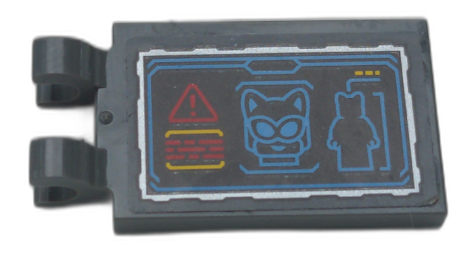 Tile, Modified 2 x 3 with 2 Open O Clips with Display Screen with Red Warning Triangle, Catwoman Cowl and Minifigure Silhouette Pattern (Sticker) - Set 70923