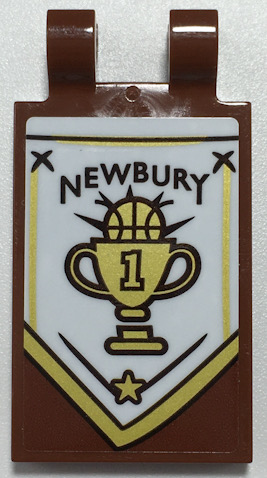 Tile, Modified 2 x 3 with 2 Open O Clips with Black 'NEWBURY' and Gold Basketball Trophy on White Banner Pattern Model Left Side (Sticker) - Set 70425