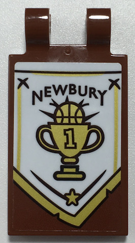 Tile, Modified 2 x 3 with 2 Open O Clips with Black 'NEWBURY' and Gold Basketball Trophy on White Banner Pattern Model Right Side (Sticker) - Set 70425