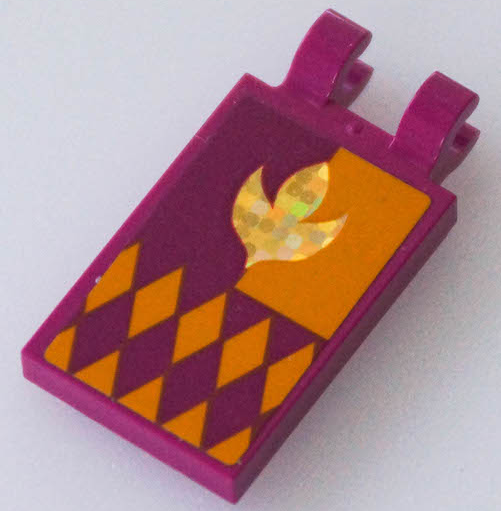 Tile, Modified 2 x 3 with 2 Open O Clips with Flag with Holographic Arendelle Crest Flower and Bright Light Orange Diamonds Pattern (Sticker) - Set 41167