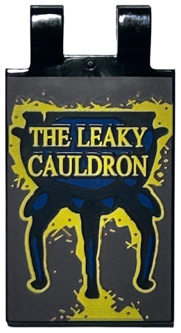 Tile, Modified 2 x 3 with 2 Open O Clips with Gold 'THE LEAKY CAULDRON' Sign Pattern