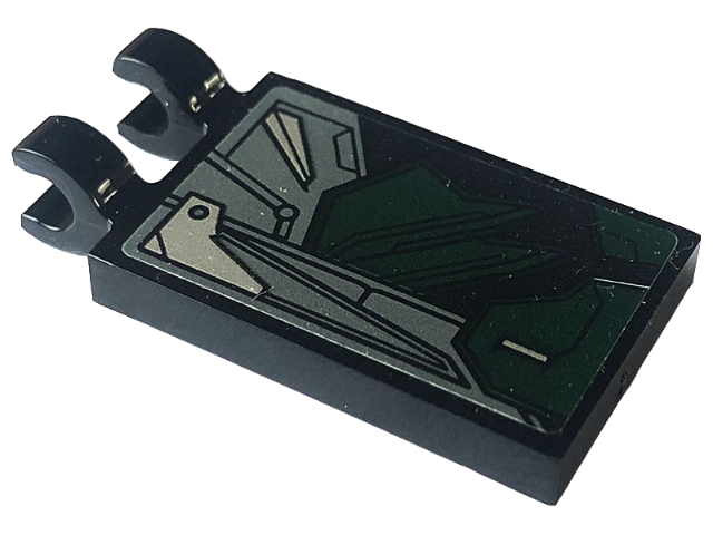 Tile, Modified 2 x 3 with 2 Open O Clips with Dark Green, Dark Bluish Gray and Silver Armor Plates Pattern Model Right Side (Sticker) - Set 76195