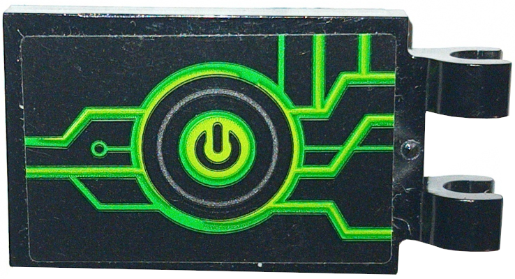 Tile, Modified 2 x 3 with 2 Open O Clips with Lime and Bright Green Power Button and Circuitry Pattern Model Left Side (Sticker) - Set 72006