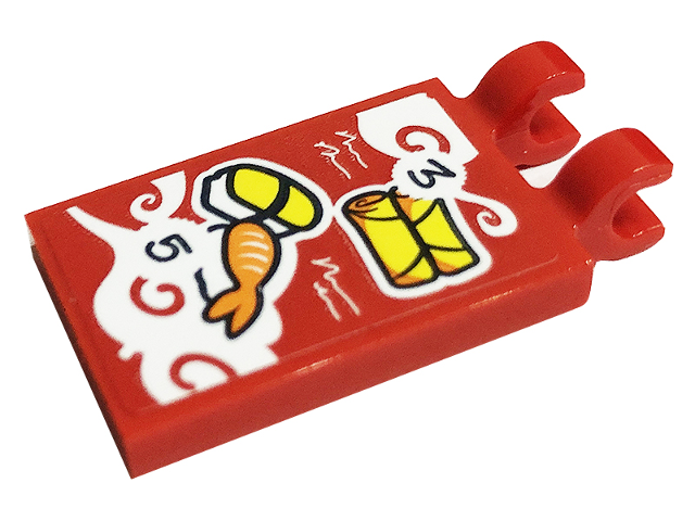 Tile, Modified 2 x 3 with 2 Open O Clips with Menu, Number 3 and 5, Sushi and Spring Rolls Pattern (Sticker) - Set 41701