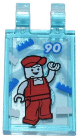 Tile, Modified 2 x 3 with 2 Open O Clips with LEGO Mascot Minifigure with Red Hat and Jumpsuit, LEGO Bricks, and '90' Pattern (Sticker) - Set 80036