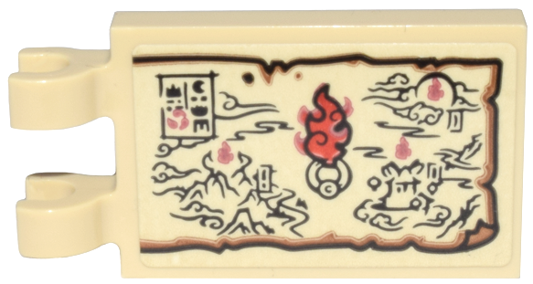 Tile, Modified 2 x 3 with 2 Open O Clips with Parchment Map with Mountains, Clouds, and Red Fire Ring Pattern (Sticker) - Sets 80031, 80033, 80036, 80037, 80038