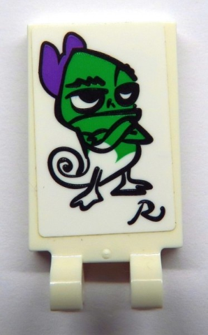 Tile, Modified 2 x 3 with 2 Open O Clips with Painting of Bright Green Chameleon with Medium Lavender Bow (Pascal) and Capital Letter R Signature Pattern (Sticker) - Set 41156