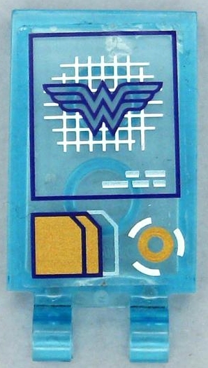 Tile, Modified 2 x 3 with 2 Open O Clips with Head-Up Display (HUD) with Dark Purple Wonder Woman Logo on White Grid, Gold and Metallic Light Blue Documents and Lines Pattern (Sticker) - Set 41239